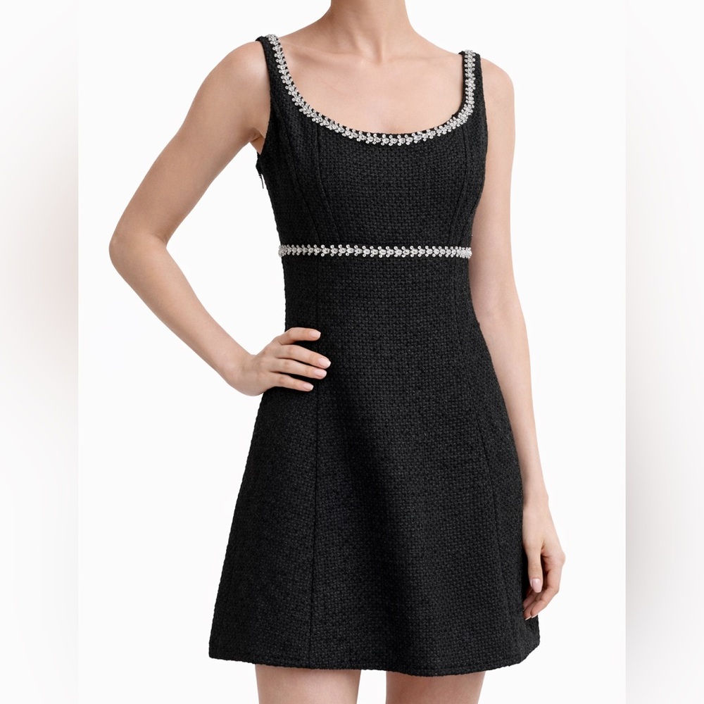 🆕AQUA Black Embellished Tweed Mini Dress Crystal Trim Wool Blend Size S, XS Chic